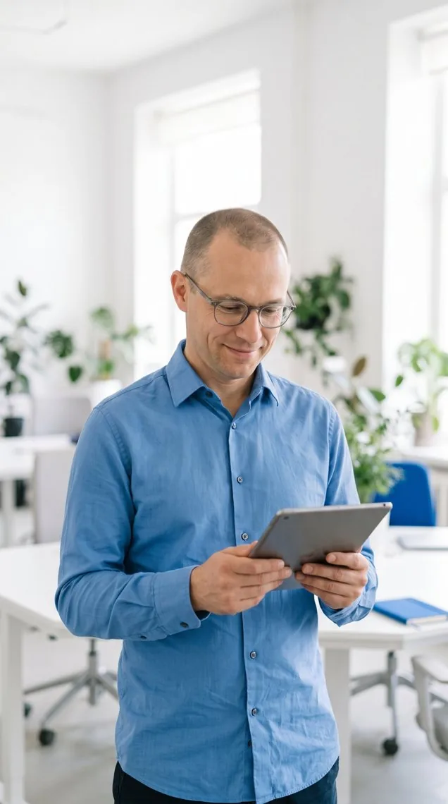 A marketer in a bright office checking campaign results on a tablet