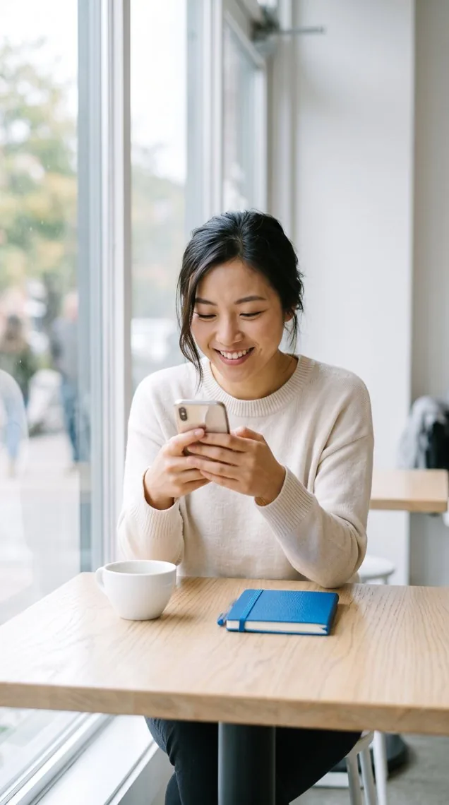 A woman in a cafe smiling at a notification on her phone