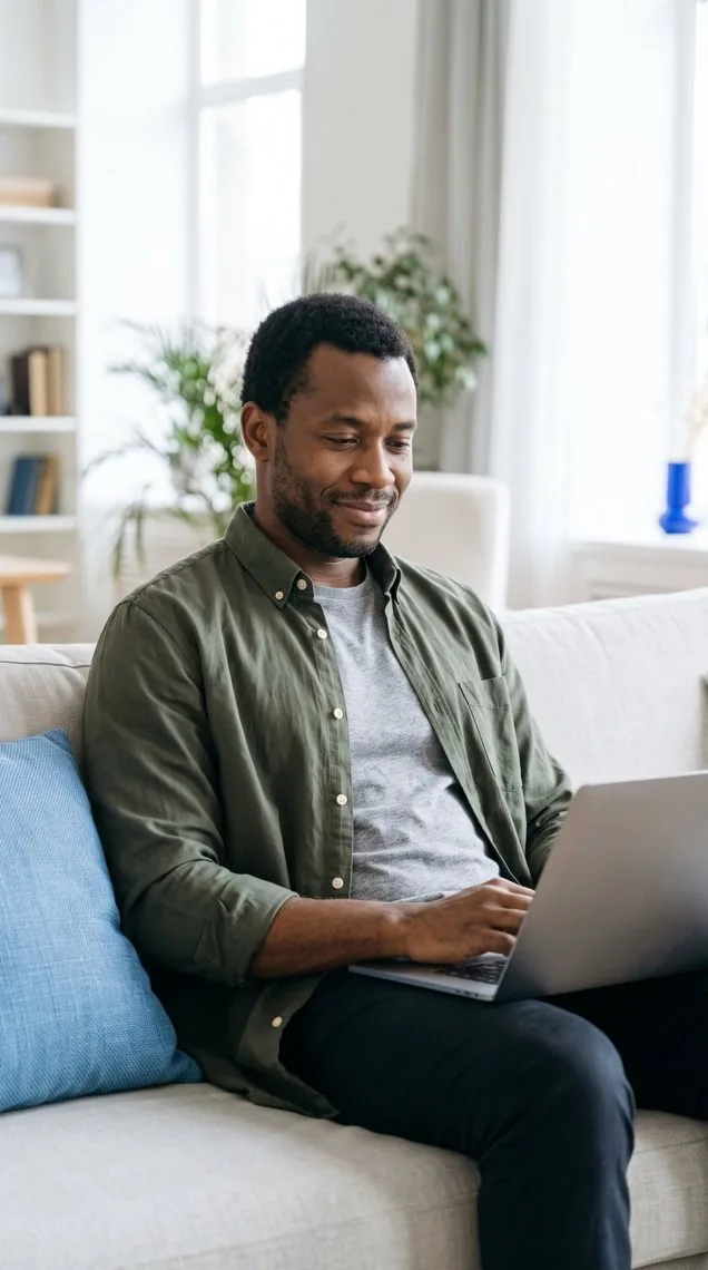 A man on a sofa working on his laptop with a satisfied smile
