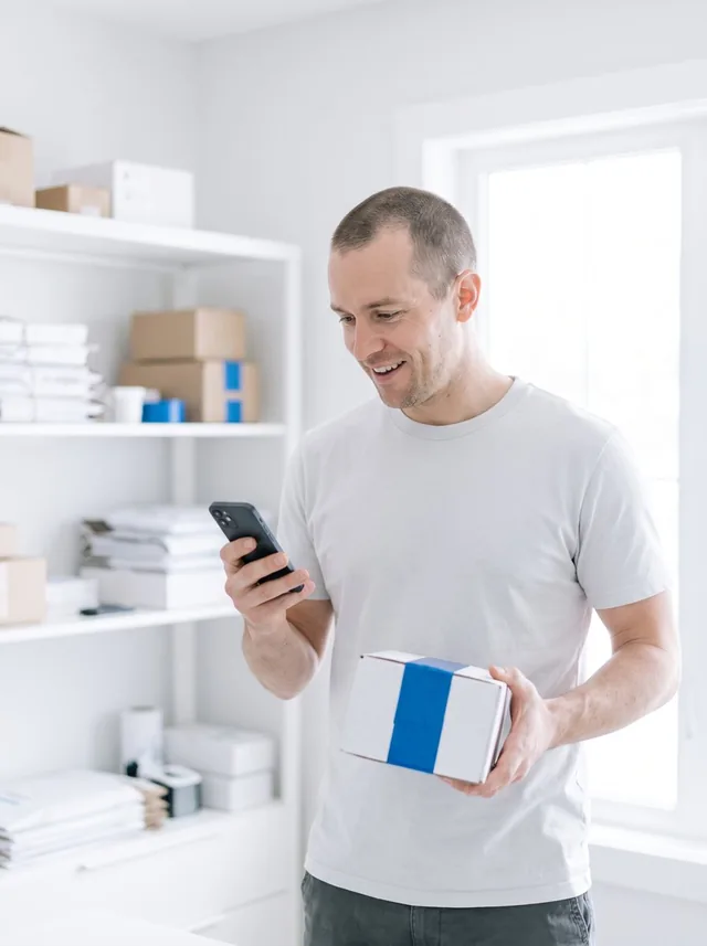 A store owner checking new orders on his phone while holding a packed box