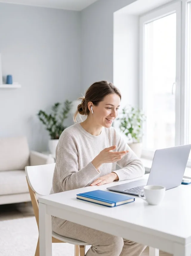 A freelance marketer on a video call with a client from her bright home office
