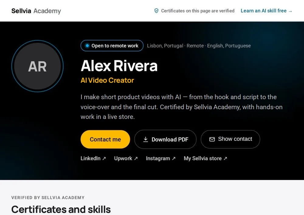 A student’s CV page with the AI Video Creator title