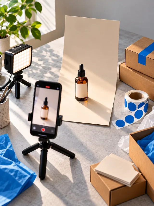 A phone on a tripod filming a skincare bottle on a paper backdrop, with shipping boxes around