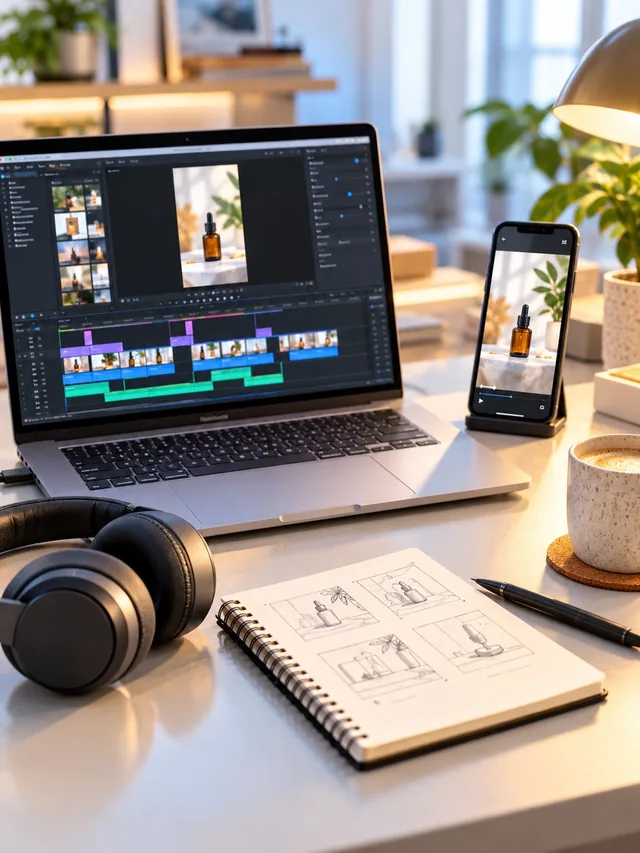 A laptop with a video editing timeline, a phone playing a vertical clip and a storyboard notebook on a desk
