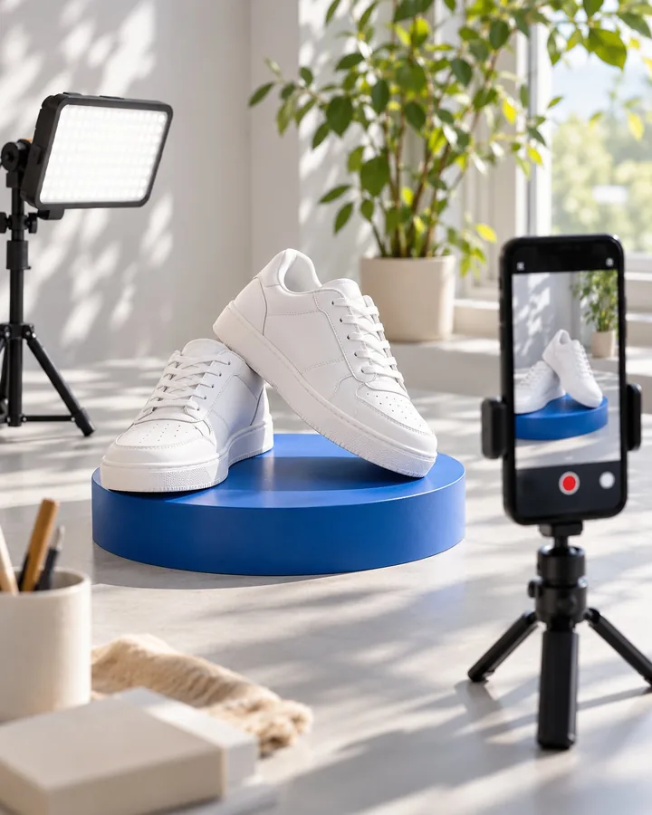 White sneakers on a blue podium being filmed with a phone on a tripod