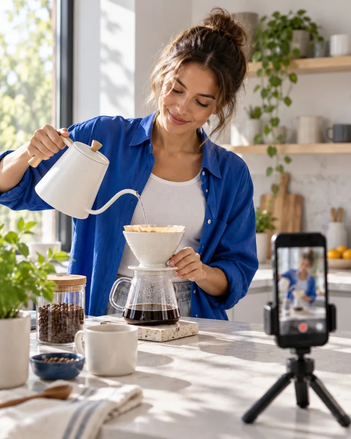 A woman filming a pour-over coffee demo in her kitchen