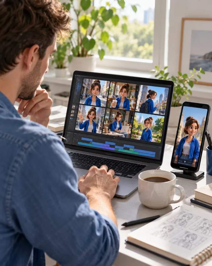 A creator editing scenes with the same animated character on a laptop