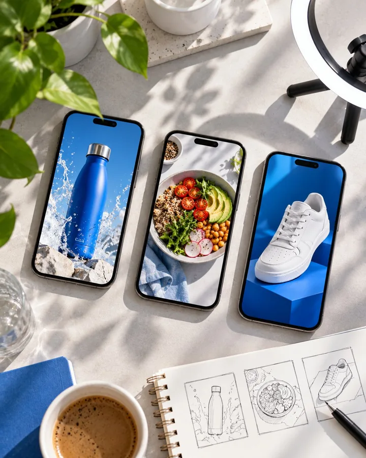 Three phones showing vertical product videos on a desk