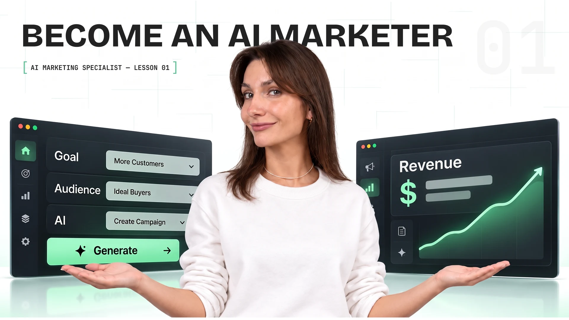 An AI marketer between a campaign dashboard and a revenue chart