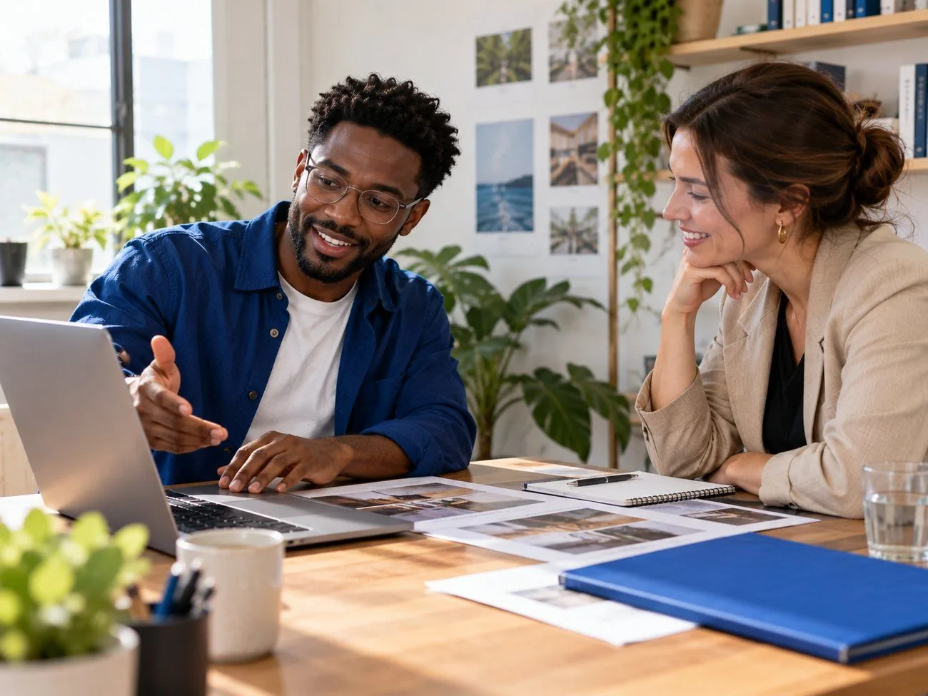 A young man showing his portfolio to a hiring manager during an interview