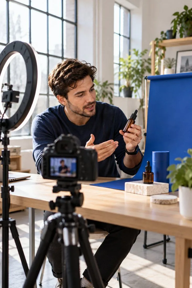 A content creator filming a product video