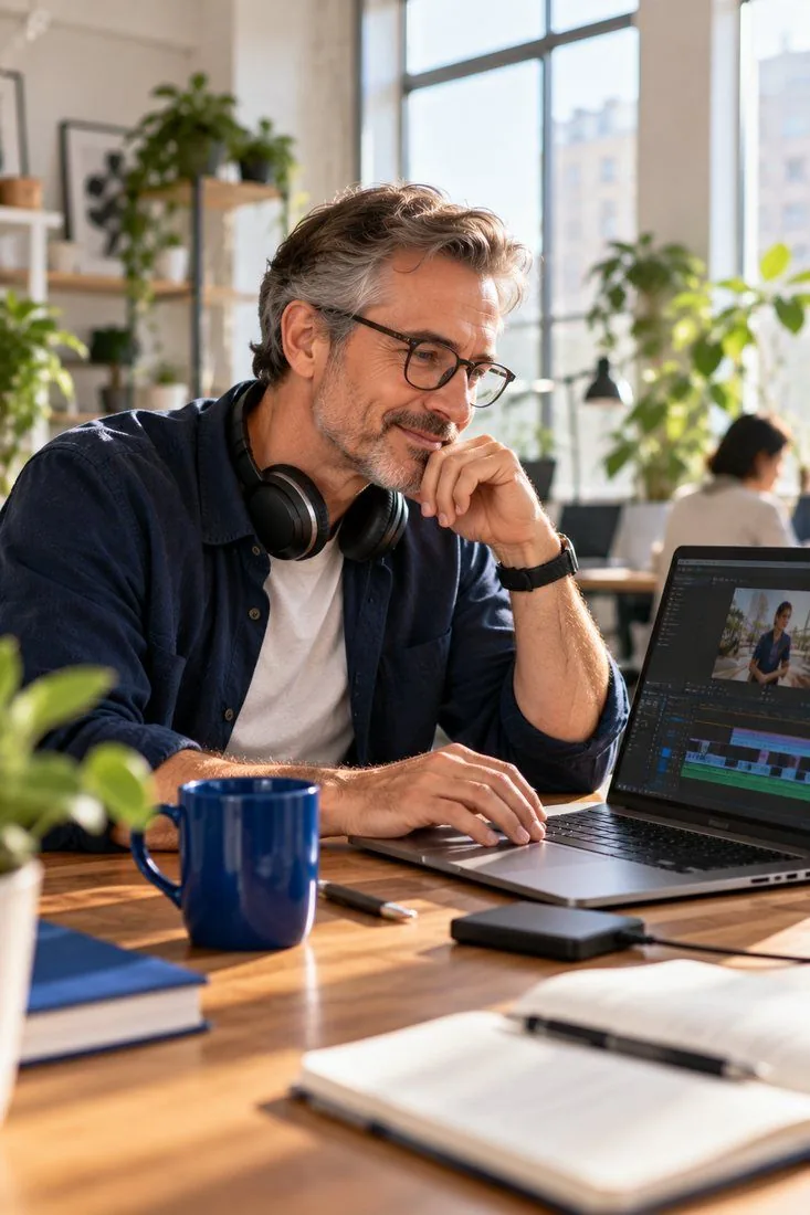 A career changer editing a video in a co-working space