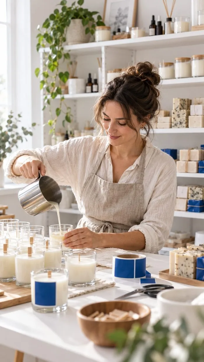A candle maker pouring wax in her bright workshop