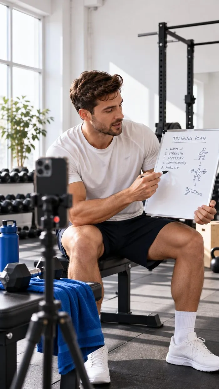 A fitness trainer explaining a training plan on a whiteboard