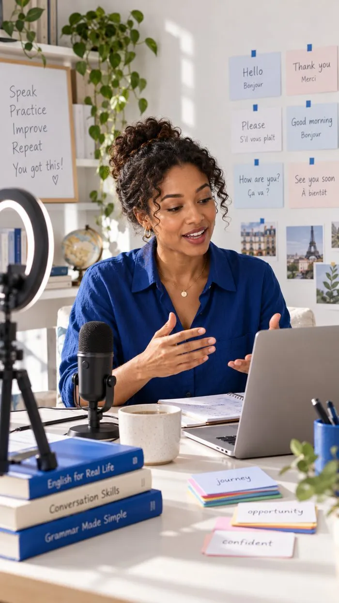 A language tutor recording a lesson for her online course