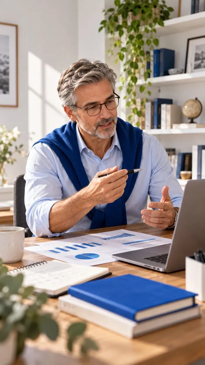 A financial advisor explaining charts at his desk