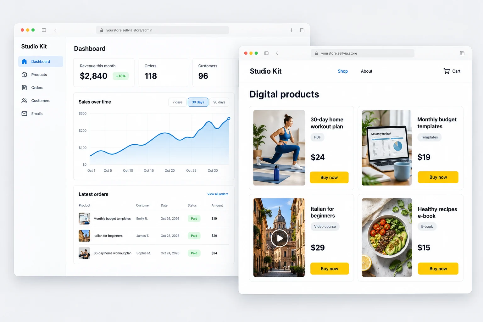 A student’s Sellvia store: dashboard with sales and the storefront with digital products
