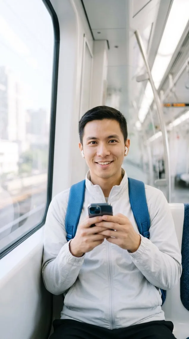 A man learning on his phone on a bright commuter train