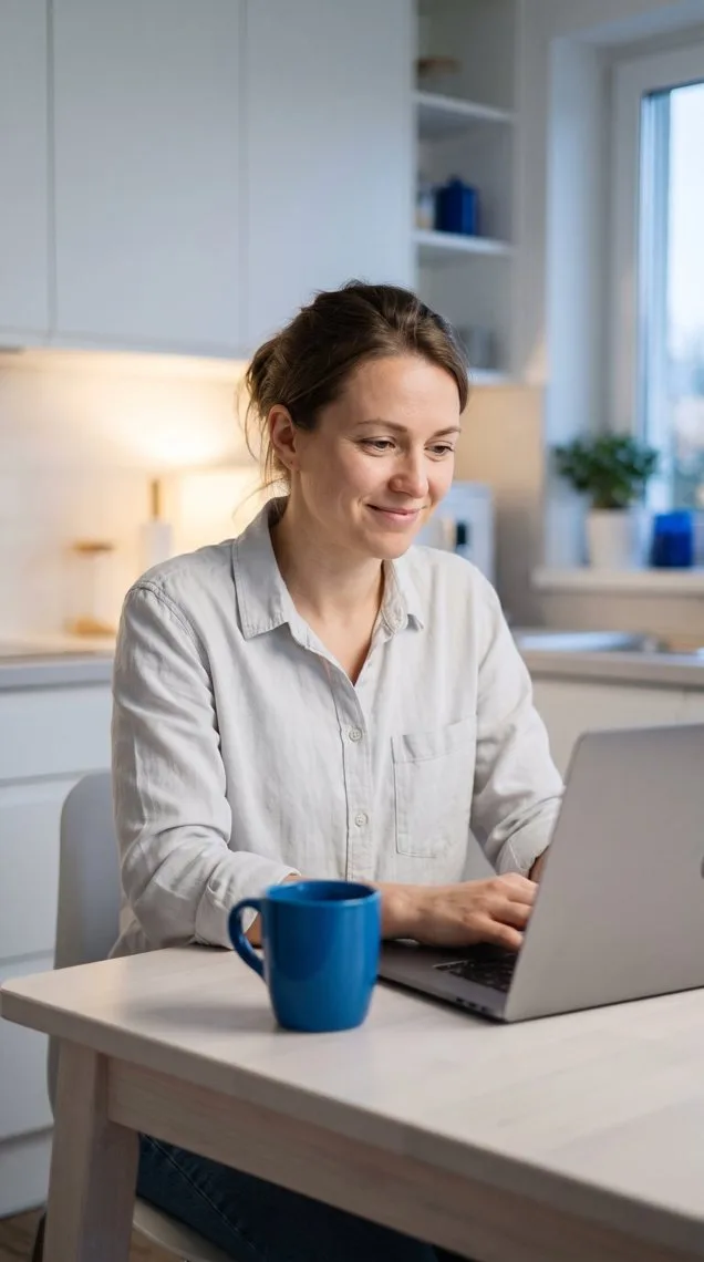 A woman working on her laptop at the kitchen table after work