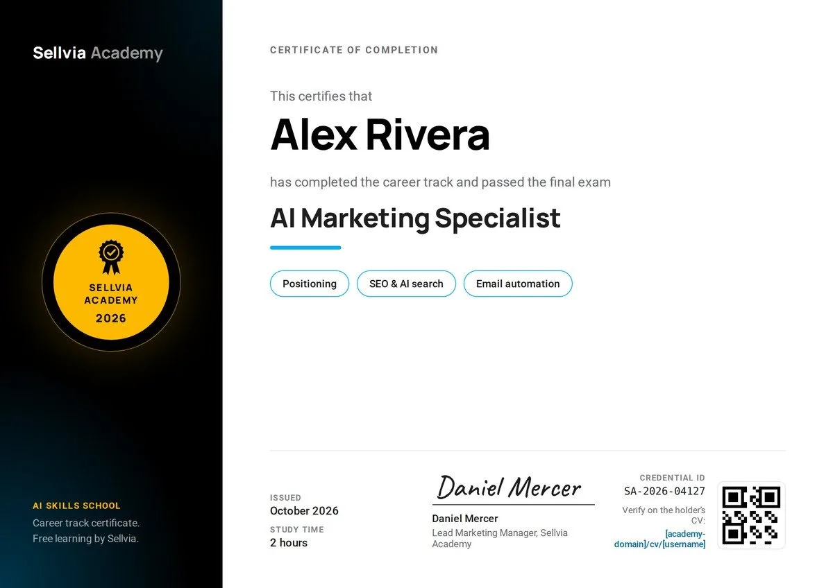 Sellvia Academy certificate of completion with a credential ID